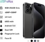 A15promax Unlocked 5G Phone 2024 Android 13 Cell Phones with 6.8" FHD Screen Smartphones Dual SIM|Face ID|48MP+108MP|Snapdragon 8cen2|8GB+256GB|6800 mAh(Black) - Image 3