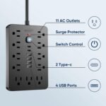 6 FT Flat Plug Surge Protector Power Strip,11 Multiple AC Outlets with 6 USB Ports (2 USB C), 6 Feet Extension Cord, 1250W/10A, One Touch Switch Button, 17 in 1 Compact powerstrip - Image 3
