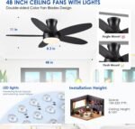 48 Inch Ceiling Fan with Light, Black Flush mount Ceiling Fan with Remote and APP Control, Dimmable and 6 Wind Speed, Modern Low Profile Fan Light for Bedroom, Covered Outdoor - Image 6