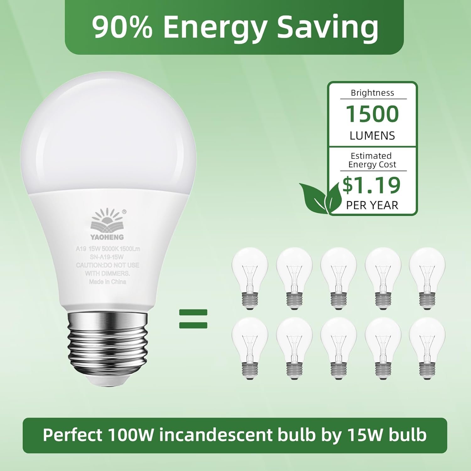 A19 LED Light Bulb, 100 Watt Equivalent LED Bulbs, 5000K Daylight White, 1500 Lumens, Standard E26 Base, Non-Dimmable 15W Super Bright Light Bulbs for Home, Office Lamp, ETL Listed(4-Pack) - Image 3