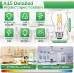 6-Pack Dimmable E26 LED Edison Bulbs 60 Watt Equivalent, 6W A15 2700K Warm White 600LM Vintage LED Light Bulbs for Ceiling Fan, Appliance, Filament Clear Refrigerator Light Bulbs - Image 3