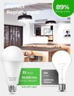 300 Watt Equivalent LED Light Bulb, Super Bright 4060LM Bulbs, A23 Daylight 5000K E26 33W Energy Saving LED Bulb for Garage,Warehouse,Workshop,Supermarket, Backyard, Non-Dimmable, 2-Pack - Image 3