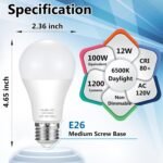 A19 LED Light Bulbs 100 Watt Equivalent, HengBo 6500K Daylight White Light Bulb, 12W 1200 Lumens, Non-Dimmable, E26 Standard Medium Base Super Bright Lamp for Bathroom Home Lighting (Pack of 4) - Image 2