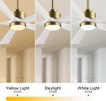 52" Modern Ceiling Fan with Lights and Remote Control, 5 Solid Wood Blades 6-Speed Noiseless Reversible DC Motor, Ceiling Fan for Bedroom Dinning Living Room, Gold Finish with White Blade - Image 3