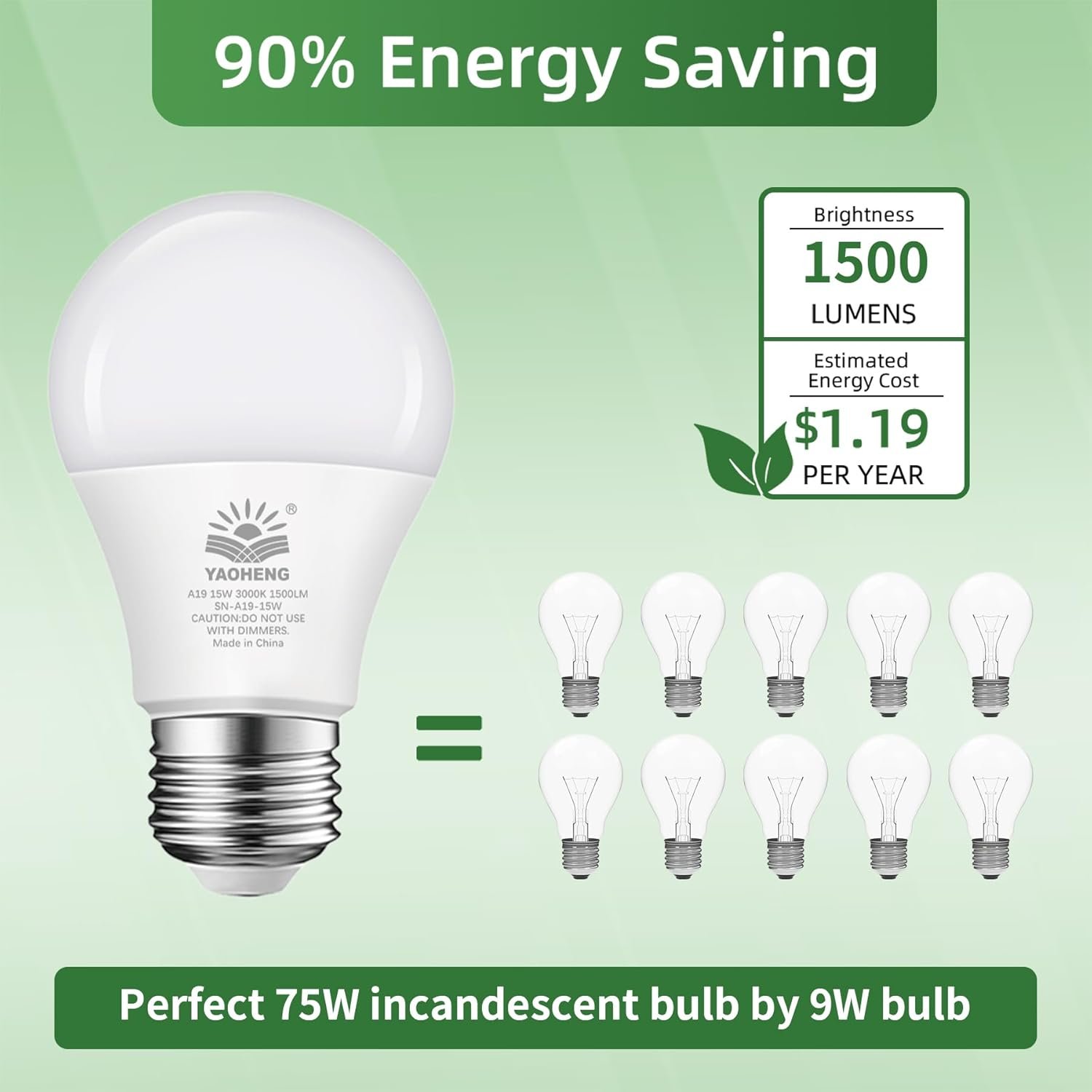 A19 LED Light Bulb, 100 Watt Equivalent LED Bulbs, 3000K Warm White, 1500 Lumens, Standard E26 Base, Non-Dimmable, 15W Super Bright Light Bulbs for Home, Office Lamp, ETL Listed(4-Pack) - Image 3