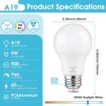 A19 LED Light Bulb Dimmable, 60 Watt Equivalent LED Bulbs, Daylight White 5000K, 900 Lumen, E26 Base, 9W Bright White Light Bulb, 12-Pack - Image 5