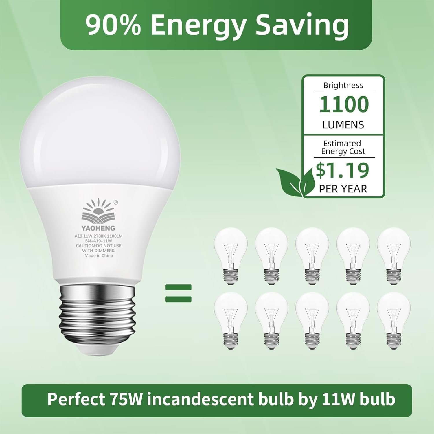 A19 LED Light Bulb 75 Watt Equivalent, 11 Watt Light Bulbs, 2700K Warm White, 1100 Lumens, Non-Dimmable, E26 Base Lightbulbs, Standard LED Bulbs for Home, ETL Listed(4-Pack) - Image 3