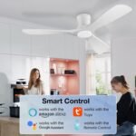 52in Smart Low Profile Ceiling Fans with Lights Remote,Quiet DC Motor,Outdoor Indoor Flush Mount Ceiling Fan,Control with WIFI Alexa App,Dimmable,6-speed,3 White Wood blades,for Modern Bedroom Patio - Image 2