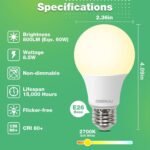 A19 LED Light Bulbs, 60 Watt Equivalent LED Bulbs, Soft White 2700K, 800 Lumens, E26 Standard Base, Non-Dimmable, 8.5W Warm White LED Bulbs for Bedroom Living Room,6 Pack - Image 2
